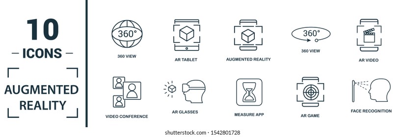 Ar And Vr icon set. Include creative elements augmented reality, 360 view, face recognition, augmented reality glasses, shopping icons. Can be used for report, presentation, diagram, web design.