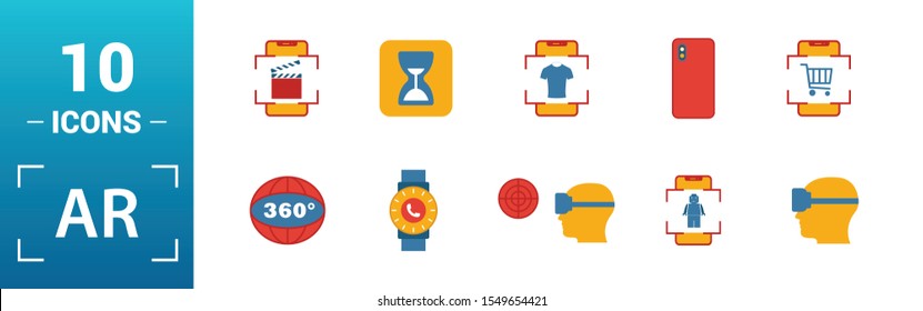 Ar And Vr icon set. Include creative elements augmented reality, 360 view, face recognition, augmented reality glasses, shopping icons. Can be used for report, presentation, diagram, web design.
