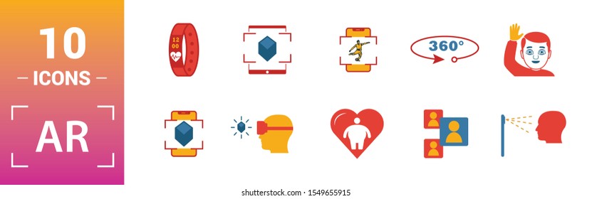 Ar And Vr icon set. Include creative elements augmented reality, 360 view, face recognition, augmented reality glasses, shopping icons. Can be used for report, presentation, diagram, web design.