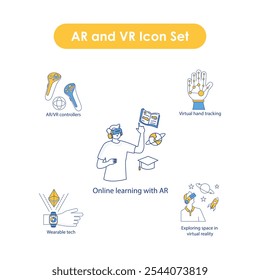 AR and VR Icon Set: Online Learning, Wearable Tech, and Virtual Interaction.