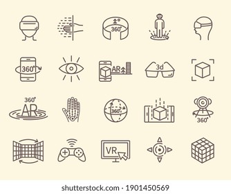 AR and VR line icon set. Virtual and augmented reality outline icons for web design, mobile apps, ui design and print. 3D visualization technology. Bundle of isolated vector illustrations