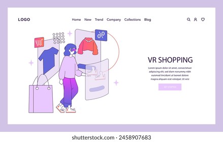 AR and VR Shopping concept. Person experiencing virtual reality while shopping online. Immersive digital technology meets ecommerce. Vector illustration.