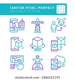 AR and VR technologies two color line icons set. Immersive experiences. Interactive technology and digital innovation bicolor outline iconset isolated. Duotone pictograms thin linear. Editable stroke