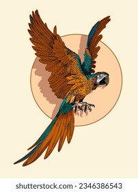 Ara (azul y amarillo) - ave tropical. Loro en vuelo con alas de propagación. Ilustración vectorial de verano, afiche gráfico dibujado a mano.