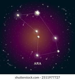 Ilustração vetorial da constelação de Ara em um fundo cósmico vibrante. Ideal para projetos relacionados ao espaço, astronomia e zodíaco e materiais educacionais.