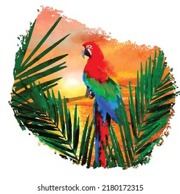 Ara king parrot sitting on branch with shadowed palm tree against the sunset sky. Abstract brush stroke. Watercolor effect. Vector illustration. Clipart