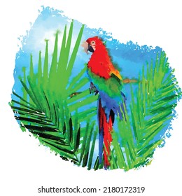 Ara King Parrot Sitting On Branch With Palm Tree Against The Blue Sky. Abstract Brush Stroke. Watercolor Effect. Vector Illustration. Clipart