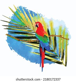 Ara King Parrot Sitting On Branch With Palm Tree Against The Blue Sky. Abstract Brush Stroke. Watercolor Effect. Vector Illustration. Clipart