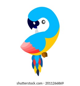 Ara parrot isolated. Tropical exotic bird. Blue, yellow, pink and red. Cute and funny. Cartoon flat style. Brazil nature and ecology. Kids and children. Post card, poster, print, stationery, textile