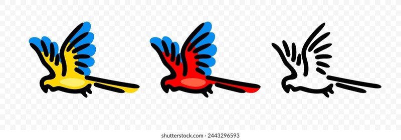 Ara loro, guacamayo loro o guacamayo en vuelo, diseño gráfico. Pájaro, animal, popinjay, papagayo o perico, diseño vectorial e ilustración