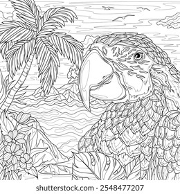 An ara parrot near the ocean and a palm tree.Coloring book antistress for children and adults. Illustration isolated on white background.Zen-tangle style. Hand draw