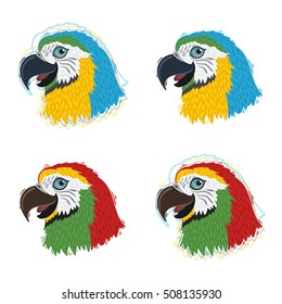 Ara parrot set - red and blue birds. Vector icons or logos.