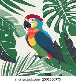 Vector del loro ara. Aves de bosques amazónicos en ilustración de diseño plano. Fauna de América del Sur. Loro de Ara de colores voladores para iconos, carteles, libros para niños que ilustran. Aislado en blanco.