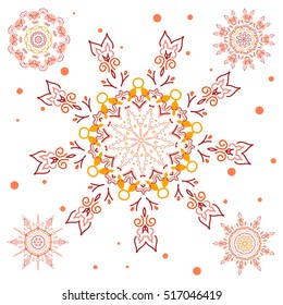 Arab, Asian, ottoman motifs in orange colors. Illustration on a white background. Vector illustration. Simple snowflakes set, floral elements, decorative ornament.