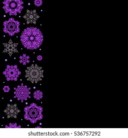 Arab, Asian, ottoman motifs in violet colors. Vector illustration with copy space. Simple snowflakes seamless pattern, snow elements, decorative ornament. Vertical seamless pattern on black background