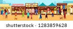 Arab or Asian outdoor street market, souk or bazaar. People walking along stalls, buying fruits, meat, traditional textile, oriental spices, pottery. Flat cartoon colorful vector illustration.