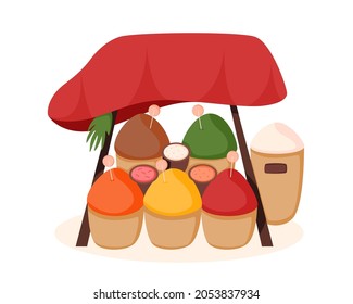 Arab or Asian spices stall counter. Colorful outdoor spices market or bazaar. Organic farm products. Flat cartoon vector illustration isolated on white background.