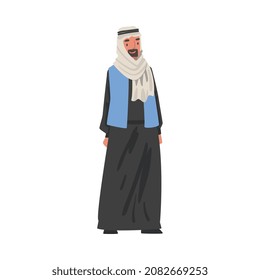 Arab Bearded Man Standing in Traditional Muslim Dress and Long Flowing Garment Vector Illustration
