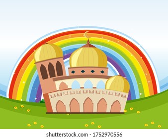 Arab beautiful mosque with rainbow background illustration