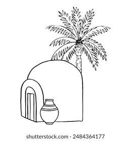 Arab or Bedouin clay hut with palm tree and outdoor vase pot simple line vector illustration in black and white. Middle East traditional desert house