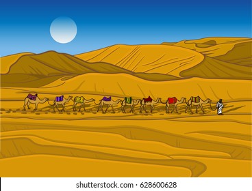 Arab Bedouin walking through desert with colorful caravan of camels day time under the moon