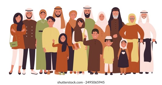 Eine große arabische Familie von Generationen, die zusammensteht. Porträt von glücklichen modernen Muslimen, Erwachsenen und Kindern, Senioren und Jugendliche grüßen, weibliche Figuren in Hijabs Cartoon Vektorillustration