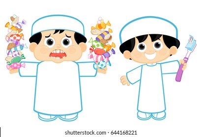 Arab boy brushing his teeth and the other one eating sweets and candies Vector illustration
