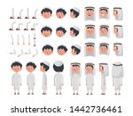Arab boy character constructor set in flat style. Muslim boy DIY set with different facial expressions and moving arms and head. Arabic man wearing traditional clothing front, rear, side view. Flat ve