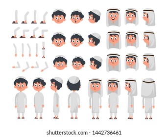 Arab boy character constructor set in flat style. Muslim boy DIY set with different facial expressions and moving arms and head. Arabic man wearing traditional clothing front, rear, side view. Flat ve