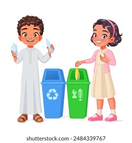 Arab boy and girl throwing plastic and organic waste in separate trash bins with recycle and food leftover sign. Children learn how to sort garbage. Cartoon vector illustration.