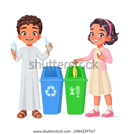 Arab boy and girl throwing plastic and organic waste in separate trash bins with recycle and food leftover sign. Children learn how to sort garbage. Cartoon vector illustration.