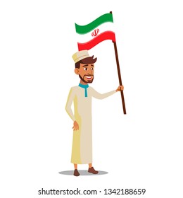 Arab Boy Holds Flag Of Iran Vector Flat Cartoon Illustration