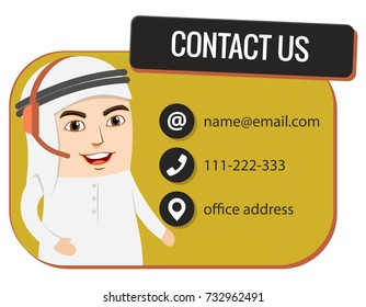 Arab Boy or Man providing Customer Support and Service using some Helpline over Headphone. Contact Information of some Company or Department. Contact Us Banner. Guiding the Customers or Clients.