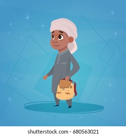Arab Boy School Pupil Holding Backpack Small Cartoon Muslim Male Student Flat Vector Illustration