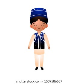 Arab boy in traditional ethnic clothes with a blue hat. Vector illustration in flat cartoon style