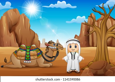 Arab boys with camels in the desert