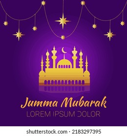 Arab building on a purple background with a garland with stars and the inscription Jumma Mubarak