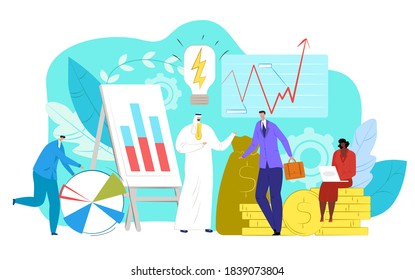 Arab business with arabic muslim people, vector illustration. Businessman person work at job, corporate teamwork concept. Success team man woman character in company office meeting.