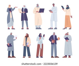 Arab business characters. Muslim boss, arabic female and male office workers. Flat diverse businessman, businesswoman saudi kicky vector set