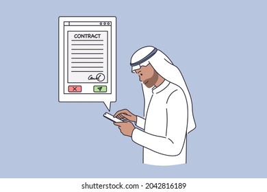 Arab business contracts online concept. Arab Emirate Businessman cartoon character standing with smartphone searching for Agreement contract information in internet vector illustration 