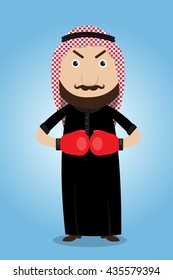 Arab business man in boxing gloves isolated on blue background.Arab businessman ready to fight