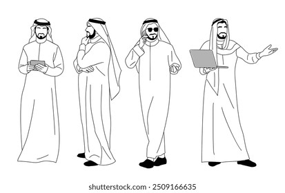 Homem de negócios árabe personagem em poses diferentes, de pé no tradicional lado de roupas brancas, vista frontal com laptop, telefone, tablet. Ilustração de esboço de contorno simples de vetor sobre fundo branco.