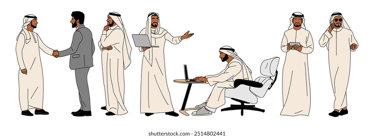 Homem de negócios árabe personagem em poses diferentes, de pé, sentado em roupas brancas tradicionais com laptop, telefone, tablet. Contorno vetorial de ilustrações coloridas isoladas no plano de fundo branco