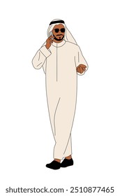 Arab Business man character standing in traditional white clothes talking by mobile phone. Vector outline colored sketch illustration on white background