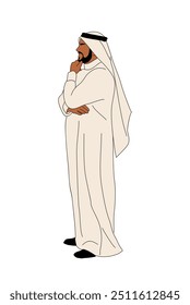 Personaje de hombre de negocios árabe de pie con ropa blanca tradicional, vista lateral pensante. Ilustración de boceto de color de contorno de Vector sobre fondo blanco