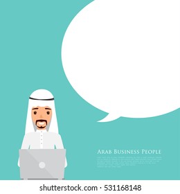 Arab business man with computer to communication. Flat vector design.