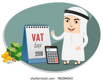 Arab Business Man implemented 5 percent Value Added Tax VAT imposed by Saudi UAE Government from 2018. Calculating the Tax.