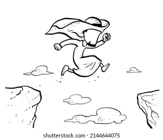 Arab business man jump through the gap between hill. Man jump over cliff. Cartoon vector illustration design
