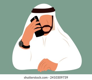 Arab Business Man Using Phone Muslim Entrepreneur. Flat Vector Illustration