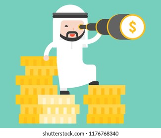 Arab business man stands on stack of gold coin using monocular